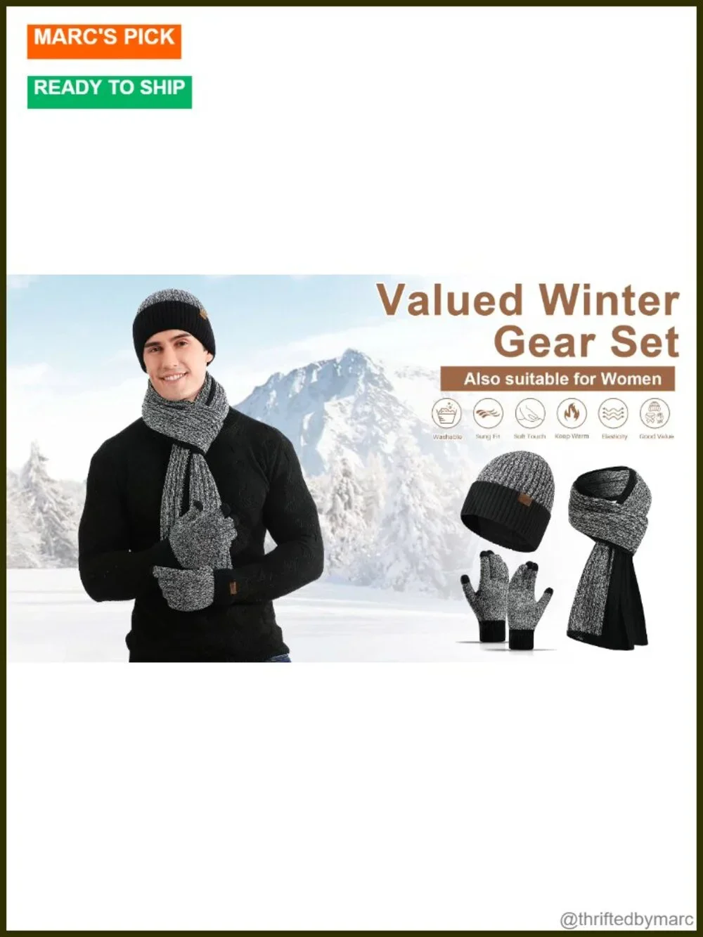 Men's 3 Piece Winter Set Knit Beanie Scarf Touchscreen Gloves Fleece Lined